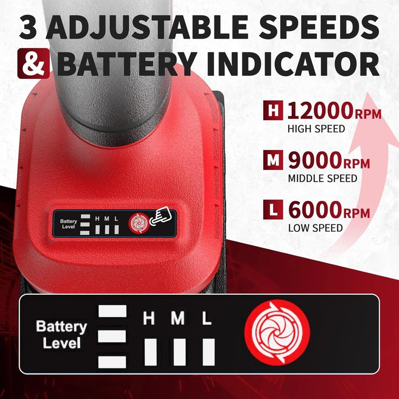 FULLYEA Cordless Angle Grinder,4-1/2 inch Brushless Electric Grinder Power Tools, 12000 RPM, 2x4.0Ah Battery, 3 Variable Speeds Metal Grinder with Auxiliary Handle for Cutting, Grinding, Polishing - Image 3